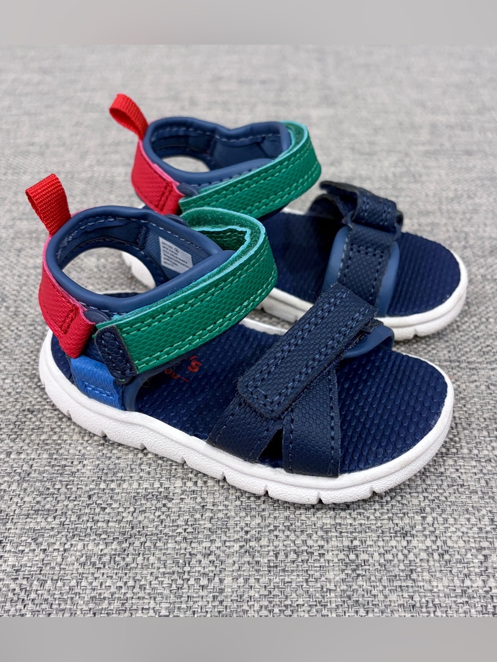 Carters size 4 Navy Blue Sandals with Green & Red Straps EUC